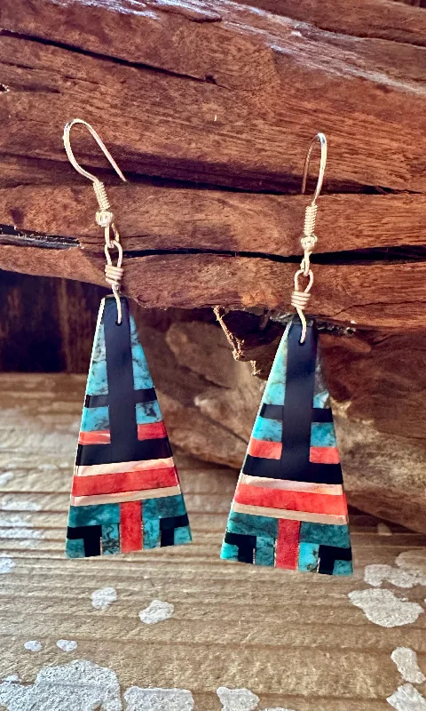 Best hoop earrings with satin ribbons for a soft, feminine appearance-TRIANGLE TURQUOISE Spiney Oyster and Jet Inlay Earrings • 14g