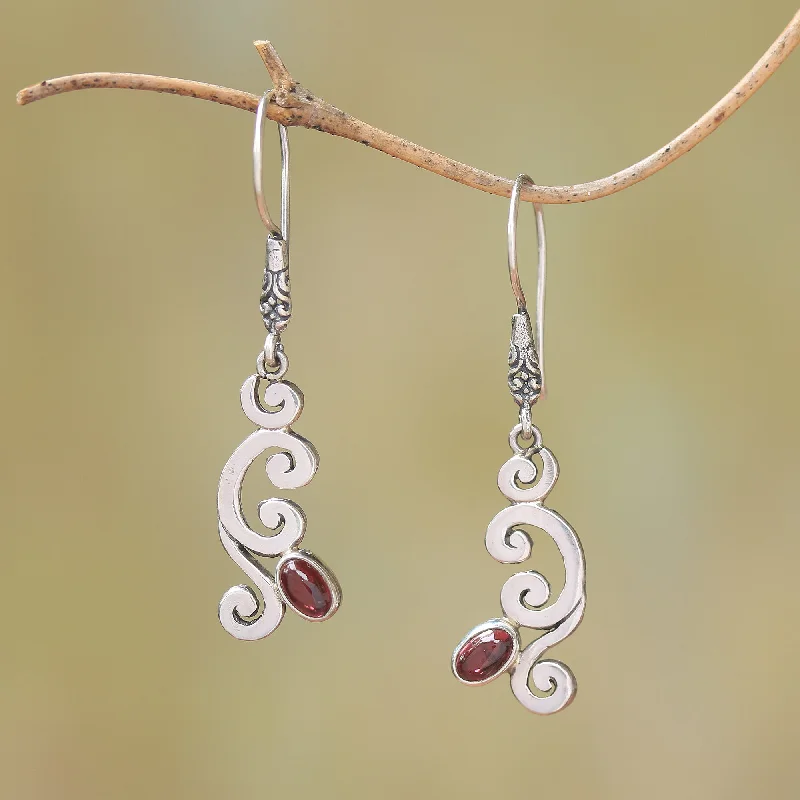 Best hoop earrings with minimalist designs for a clean and modern aesthetic-Tropical Treasure Curl Pattern Garnet Dangle Earrings from Bali