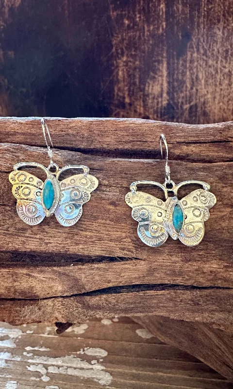 Hoop earrings with hammered copper for a warm and rustic aesthetic-TURQUOISE BUTTERFLY WINDCHIMES Sterling Silver Earrings