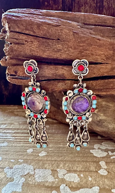 Best hoop earrings with detachable studs for a versatile and adjustable accessory-VINTAGE ESCORIA Amethyst Turquoise Coral Sterling Silver Earrings • 16g