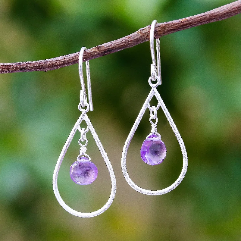 Hoop earrings with spiral designs for a dynamic and fluid look-Violet Drops Drop-Shaped Faceted Amethyst Dangle Earrings from Thailand