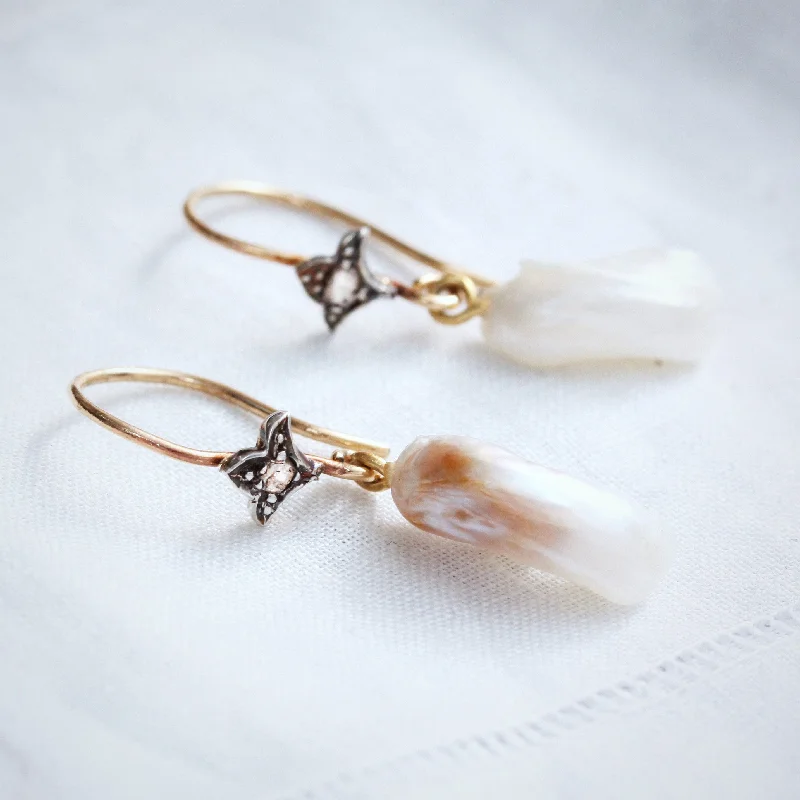 Hoop earrings with oversized designs for a bold, fashion-forward statement-Natural Freshwater Wing Pearl and Diamond Earrings