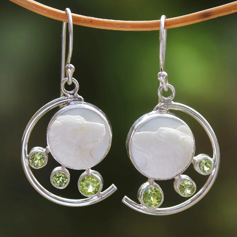 Hoop earrings with stacked layers for a bold and textured design-Wolf Prince Peridot and Bone Wolf Dangle Earrings from Java