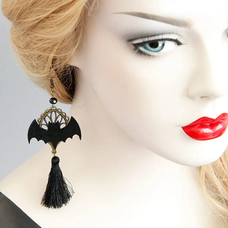 Hoop earrings with artistic filigree designs for an intricate, delicate finish-Women's Gothic Bat Tassels Earrings