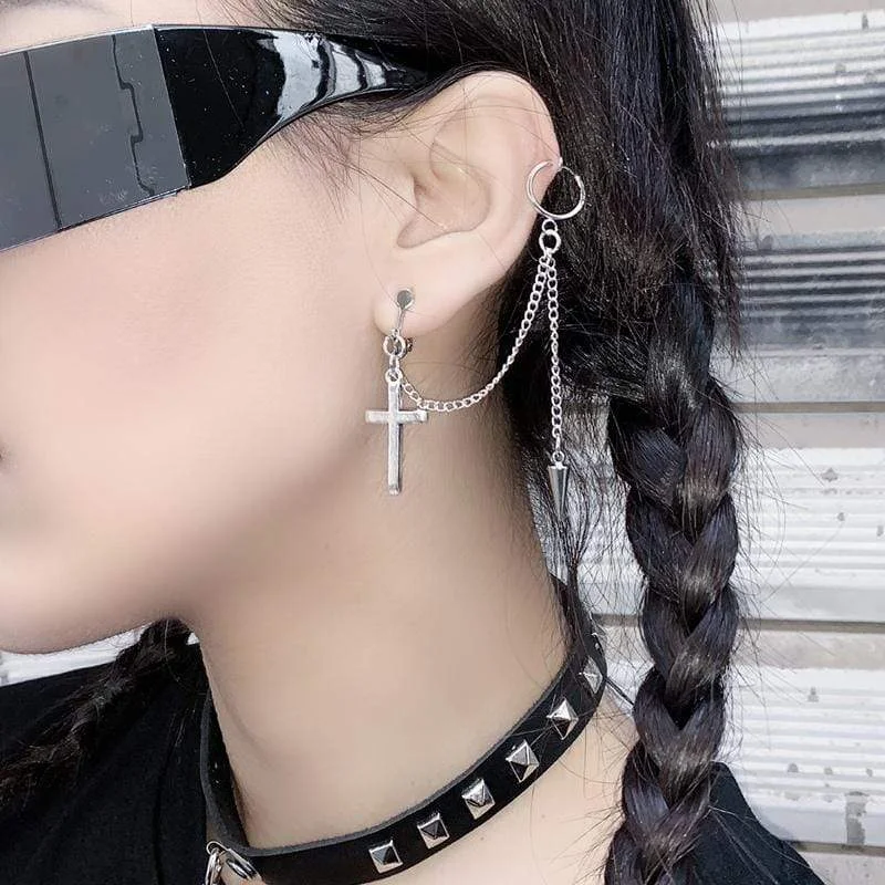 Best hoop earrings with custom designs for a personalized, unique accessory-Women's Punk Rivet Cross Chain Earrings