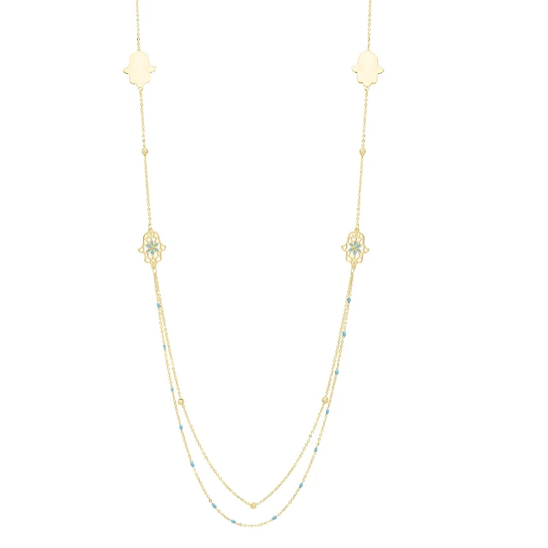 Best necklaces and pendants with rose gold for a warm and romantic appeal-14K 30"" Long Hamsa Stationed Necklace