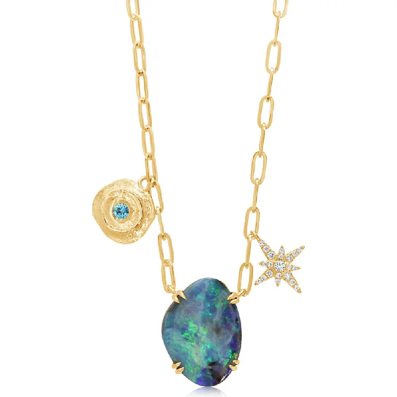 Simple necklaces and pendants with tiny charms for a delicate and casual vibe-14K Yellow Gold Australian Boulder Opal/Blue Zircon Neckpiece