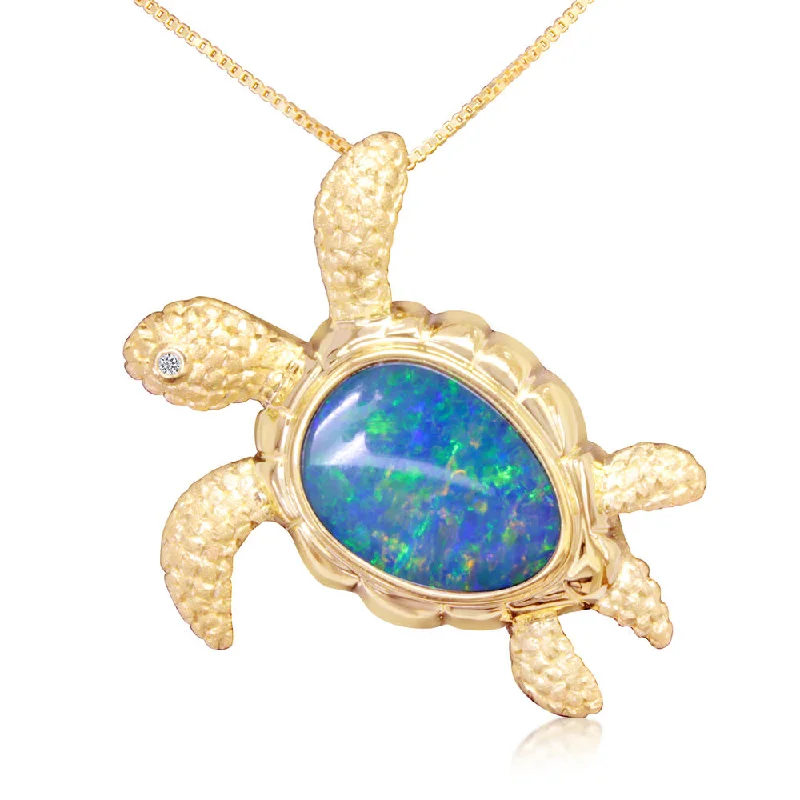 Trendy necklaces and pendants with statement pieces for a bold fashion statement-14K Yellow Gold Australian Opal Doublet/Diamond Turtle Pendant