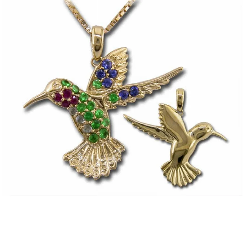 Beautiful necklaces and pendants with butterfly motifs for a whimsical style-14K Yellow Gold Ruby/Tsavorite/Blue & White Sapphire Hummingbird Reversible Pendant (22x25.5) ,H