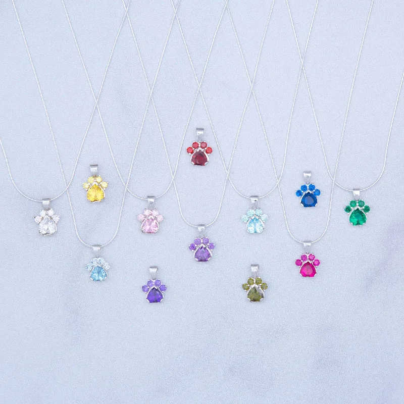 Personalized necklaces and pendants with coordinates for a meaningful location-based gift-Paw Print Birthstone Sterling Necklace