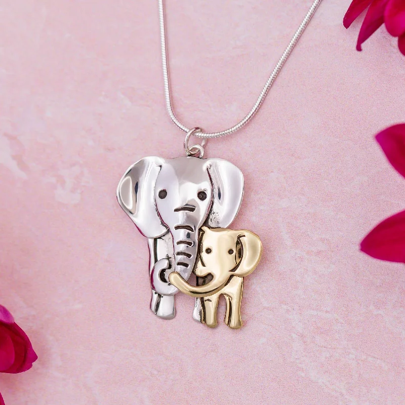 Layered necklaces and pendants for a trendy and fashionable stacked look-Elephant Parent & Baby Mixed Metal Necklace