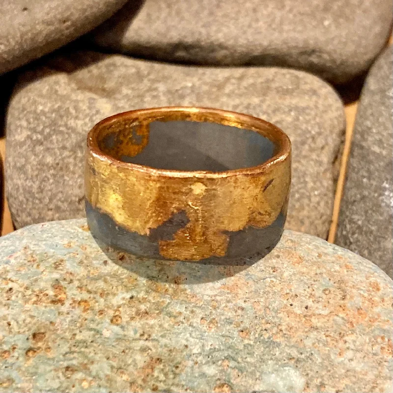 Rings with tiger eye for warm tones -Amalgam Gold and Oxidized Sterling Silver Hammered Wide Band Ring