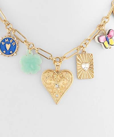 Stunning necklaces and pendants with birthstone pendants for a personal touch-Bright Multi-Charm Heart Pendant Necklace