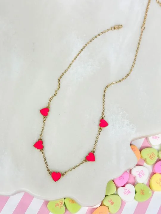 Stunning necklaces and pendants with chakra stones for healing and balance-Classic Pink Heart Enamel Station Necklace