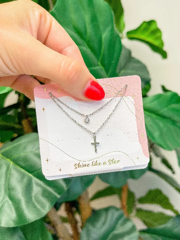 Necklaces and pendants with enamel accents for a colorful, eye-catching appearance-Cross Pendant Necklace Set - Silver