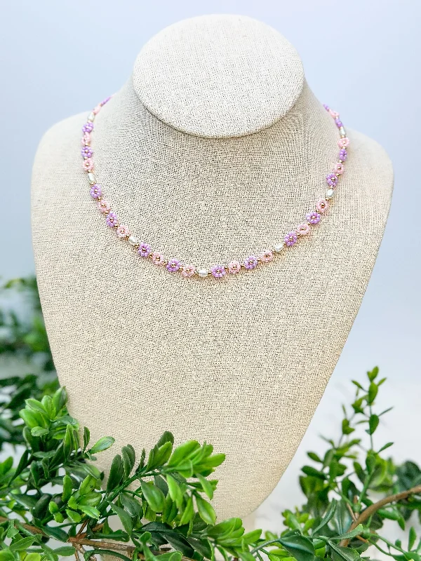 Best necklaces and pendants with vintage coin pendants for a unique accessory-Flower Beaded Necklace - Pink & Purple