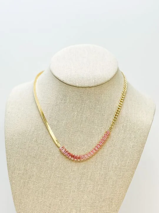 Unique necklaces and pendants with custom birthstone arrangements for personalization-Geometric Pink Stone Chain Necklace