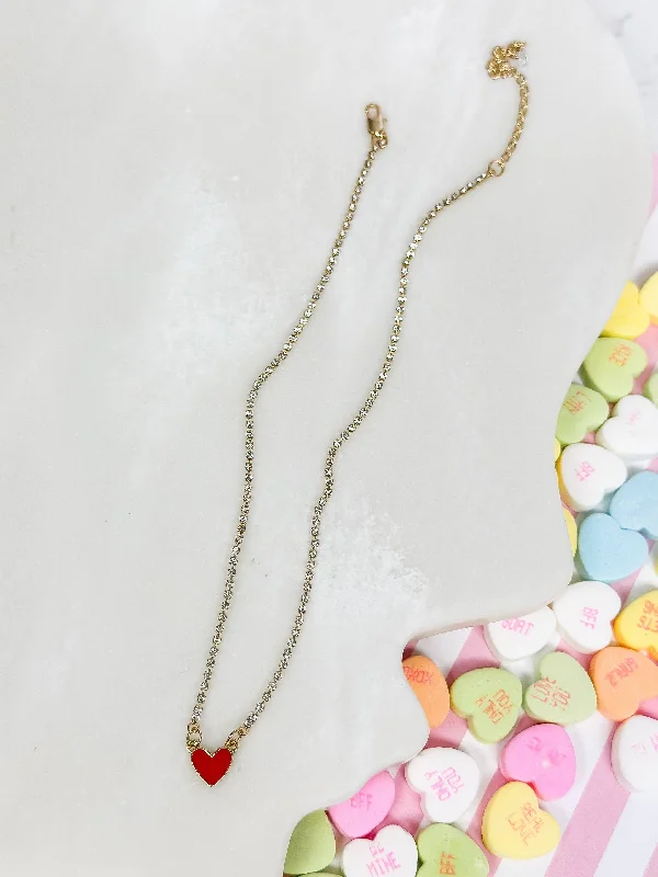 Beautiful necklaces and pendants with natural stones for an earthy, organic vibe-Glitzy Chain Heart Necklace - Red