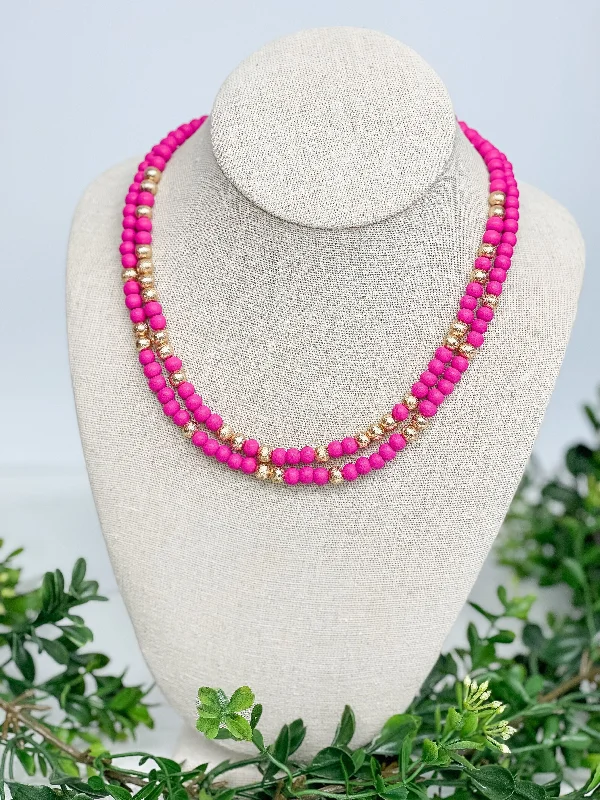 Stunning necklaces and pendants with sapphire gemstones for a luxurious blue hue-Gold & Color Bead Dual Strand Necklace - Pink