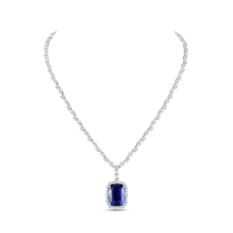 Best necklaces and pendants with zodiac signs for a celestial, astrology-inspired vibe-Halo Cushion Cut Blue Sapphire Choker Pendant