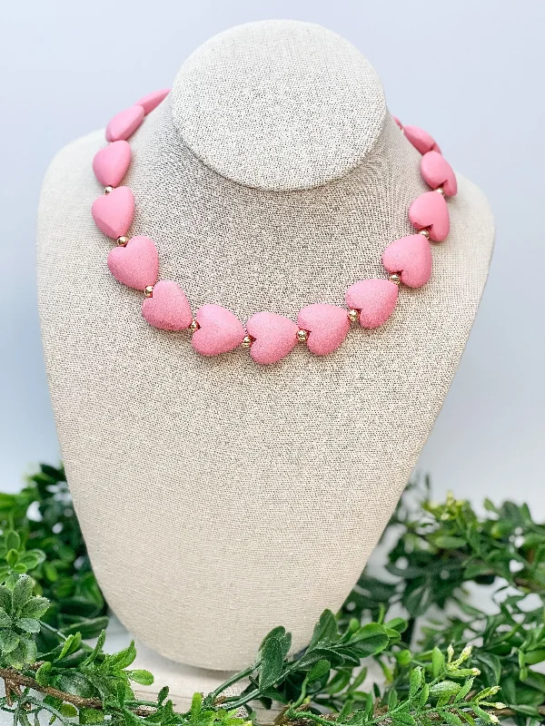 Fashionable necklaces and pendants with birthstones for a personalized gift idea-Heart & Gold Bead Necklace - Pink