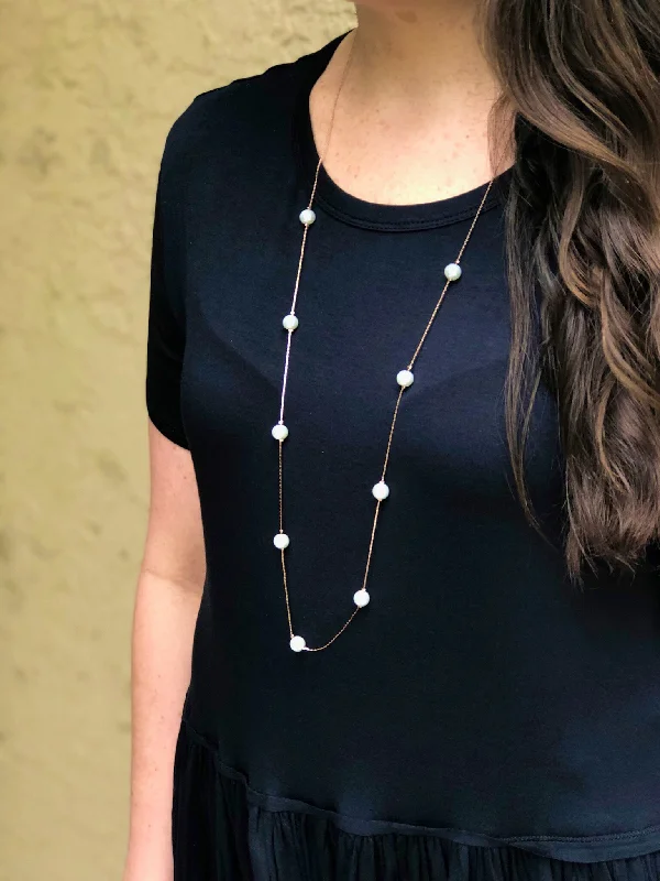 Beautiful necklaces and pendants with diamond-encrusted designs for maximum sparkle-Lara Long Pearl Station Necklace - Rose Gold