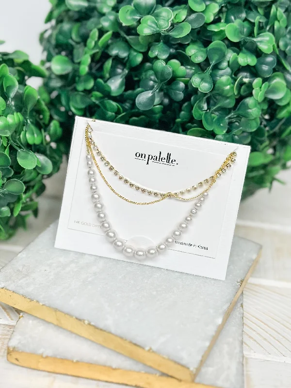 Personalized necklaces and pendants with coordinates for a meaningful location-based gift-Layered Pearl & Rhinestone Necklace - Gold