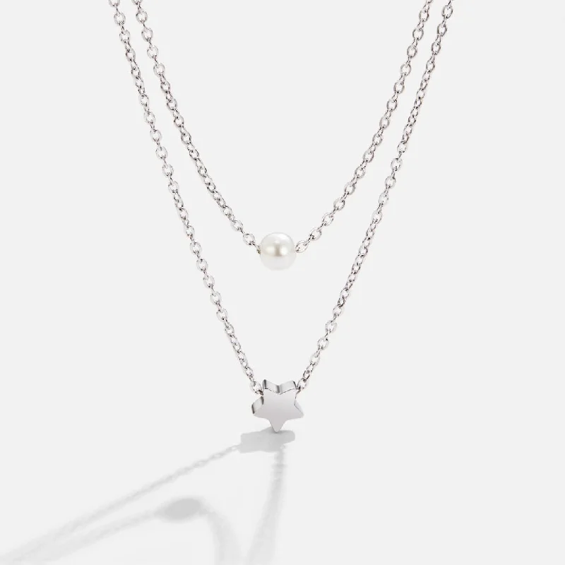 Stylish necklaces and pendants with diamonds for a glamorous and elegant look-Layered Silver Star & Pearl Necklace