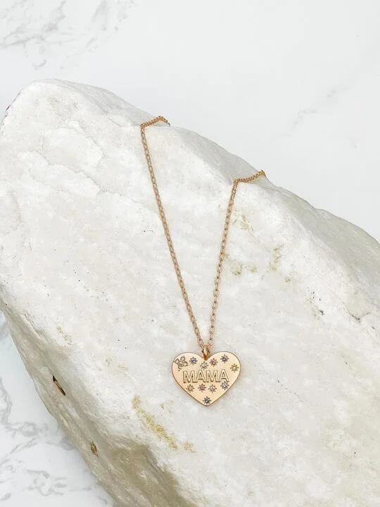 Best necklaces and pendants with turquoise stones for a vibrant boho-chic look-'Mama' Gold Rhinestone Heart Necklace