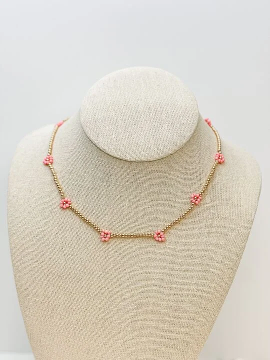 Best necklaces and pendants with silver chains for a sleek, timeless look-Pink Flower Beaded Station Necklace