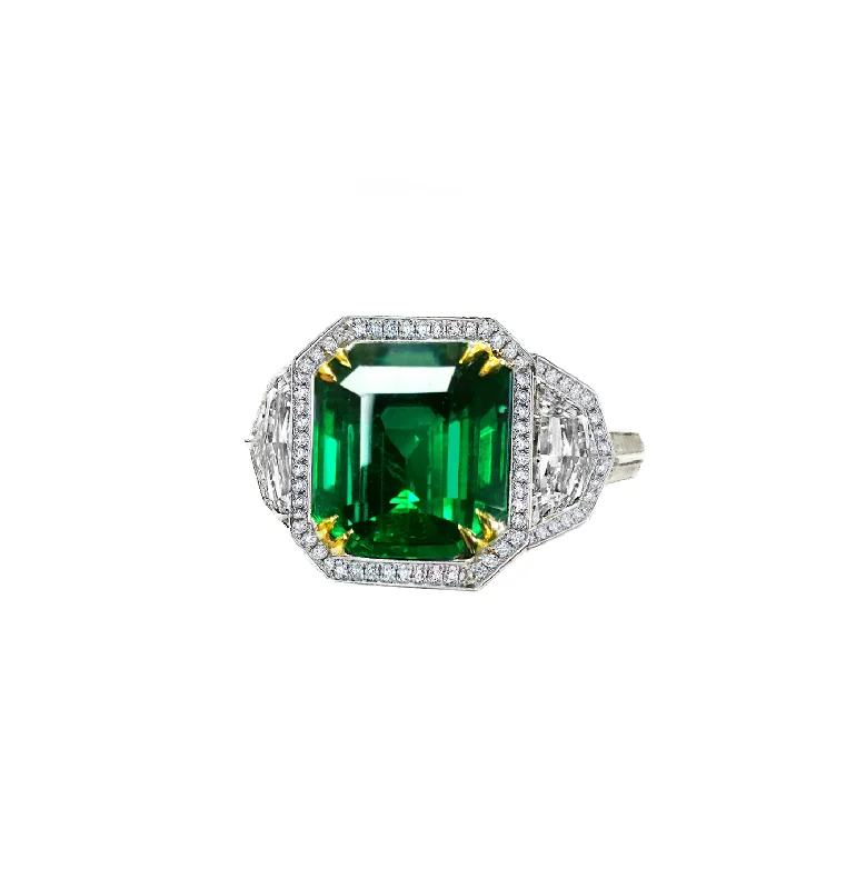 Rings with double bands for modern twist -Sabel Collection Platinum and 18K Yellow Gold Emerald Cut Emerald and Diamond Ring