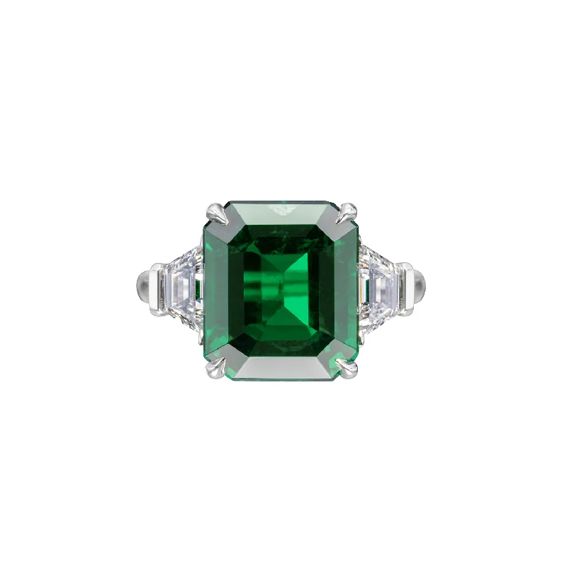 Rings with hexagon-cut stones for trendiness -Sabel Collection Platinum Emerald Cut Emerald and Diamond Ring