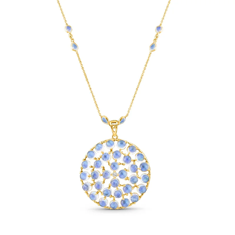 Best necklaces and pendants with crystal accents for a sparkling and elegant style-Rainbow Moonstone Round & Diamond Pendant In 18K Yellow Gold