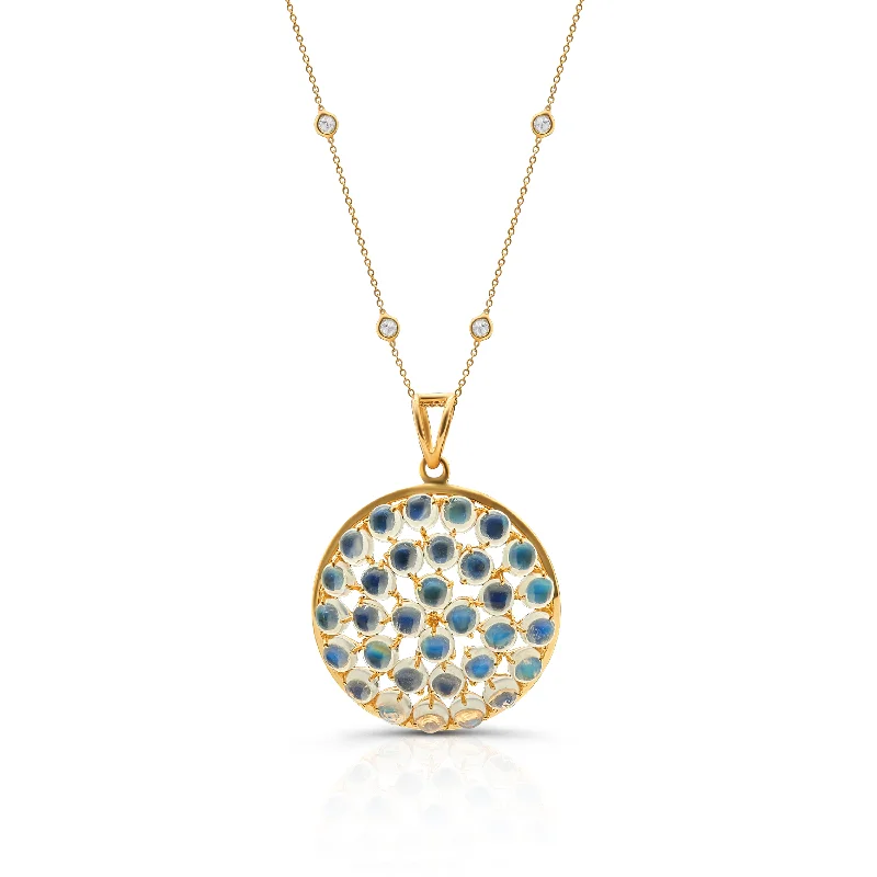 Necklaces and pendants with zodiac constellation designs for an astrological touch-Rainbow Moonstone Round Pendant In 18K Yellow Gold