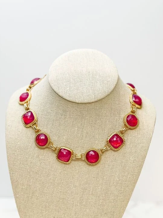 Trendy necklaces and pendants with statement pieces for a bold fashion statement-Red Jeweled Toggle Statement Necklace