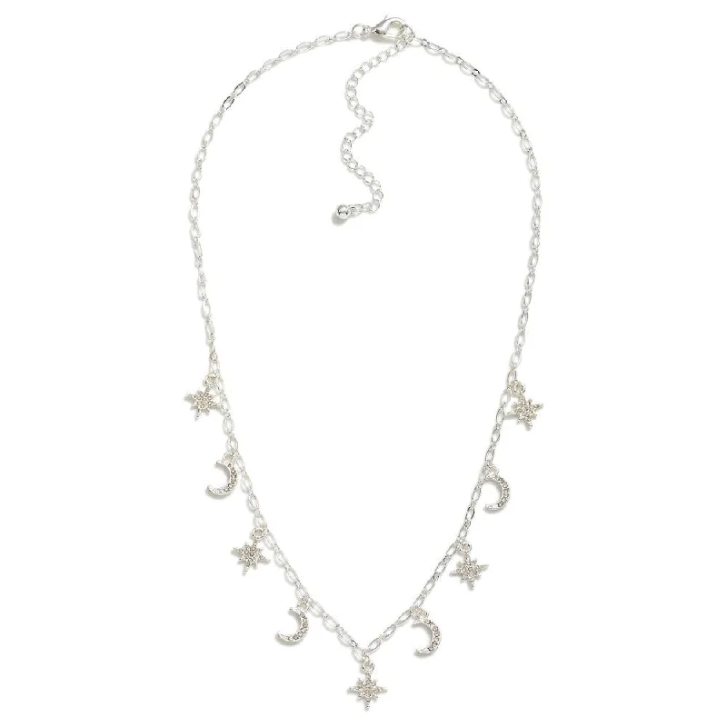 Best necklaces and pendants with glowing moonstone for an ethereal glow-Rhinestone Moon & Stars Charm Chain Link Necklace - Silver