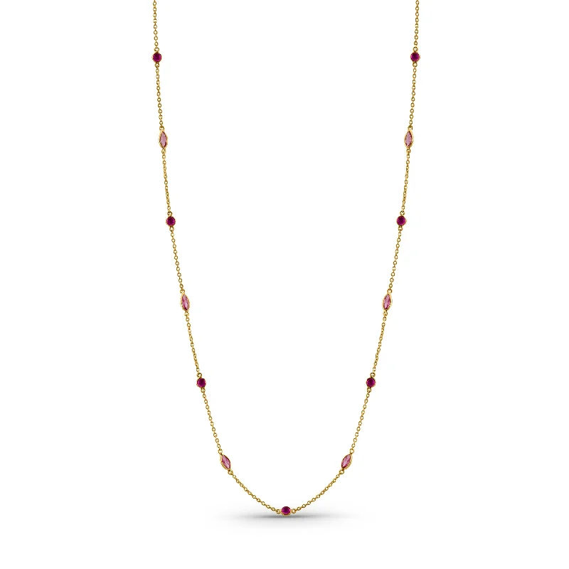 Simple necklaces and pendants with tiny charms for a delicate and casual vibe-Ruby Round & Pink Sapphire Marquise Necklace  In 18K Yellow Gold