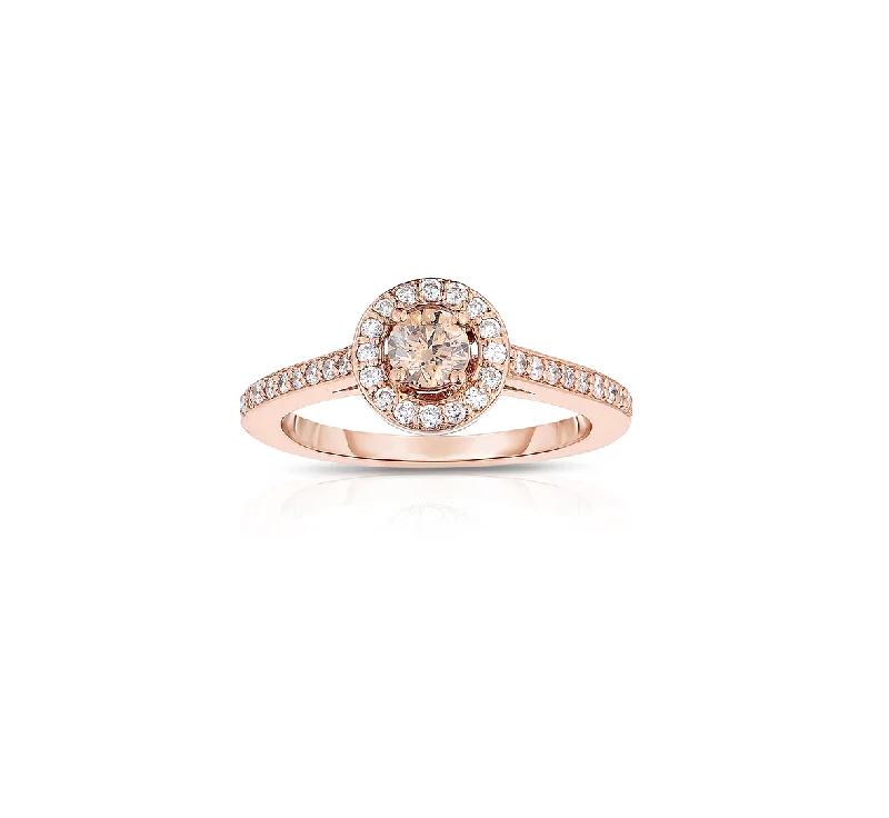 Rings with matte gold for subtle luxury -Sabel Collection 14K Rose Gold Round Fancy Diamond and White Diamond Halo and Shank Ring