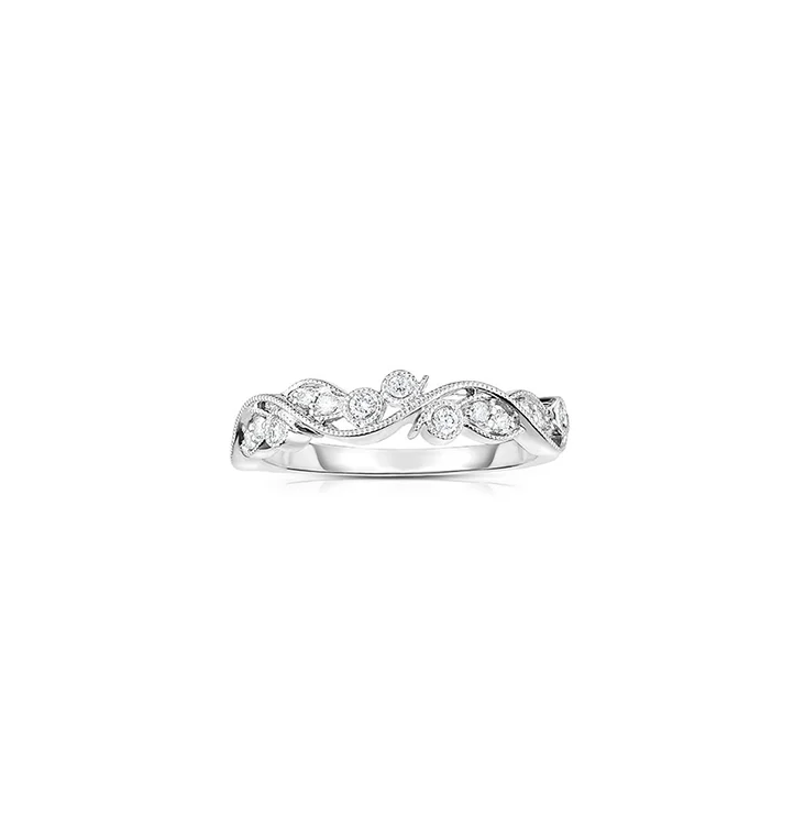 Rings with herkimer diamonds for raw clarity -Sabel Collection 14K White Gold Fancy Round Diamond Scroll Stack Ring