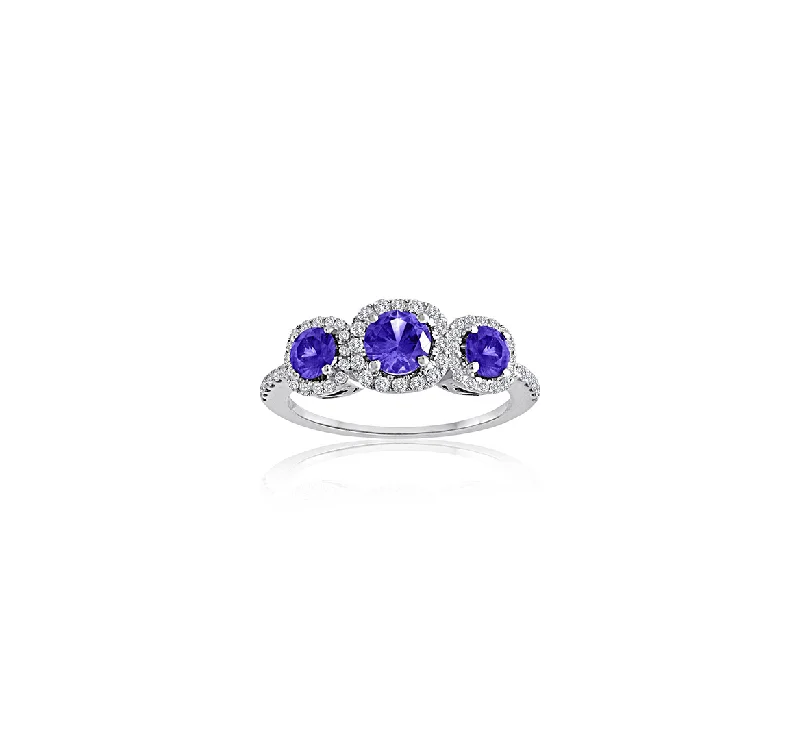 Sterling silver rings with vibrant turquoise stones -Sabel Collection 14K White Gold Round Tanzanite and Diamond Three-Stone Ring