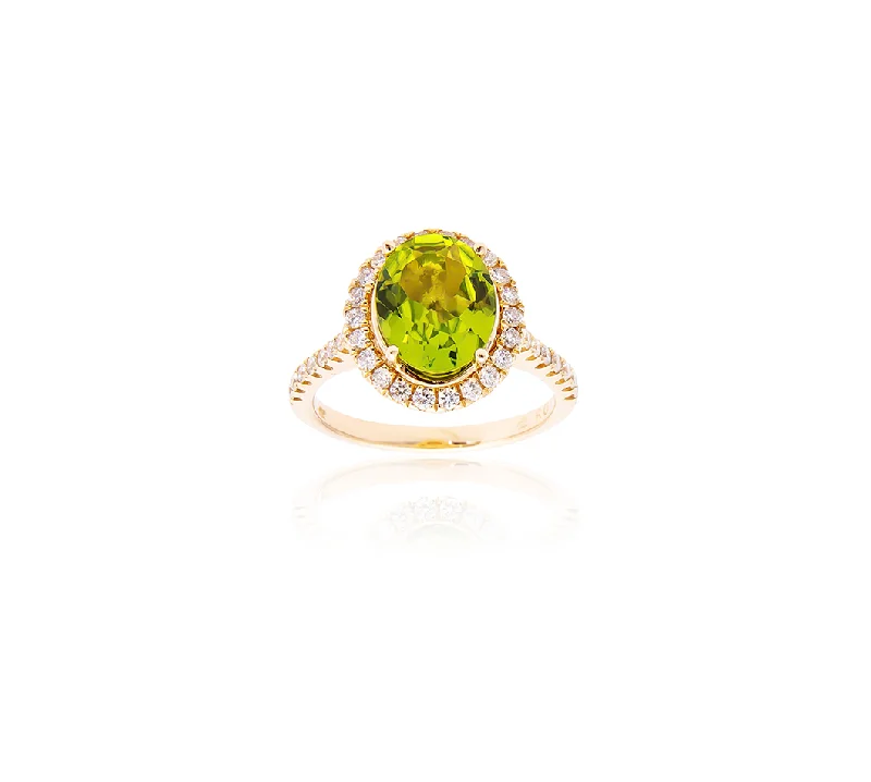 Rings with shield-shaped stones for boldness -Sabel Collection 14K Yellow Gold Oval Peridot and Diamond Halo Ring