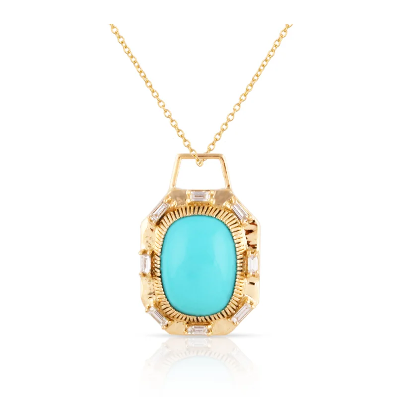 Best necklaces and pendants with glowing moonstone for an ethereal glow-Turquoise Oval & Diamond Rectangle Pendant In 18K Yellow Gold