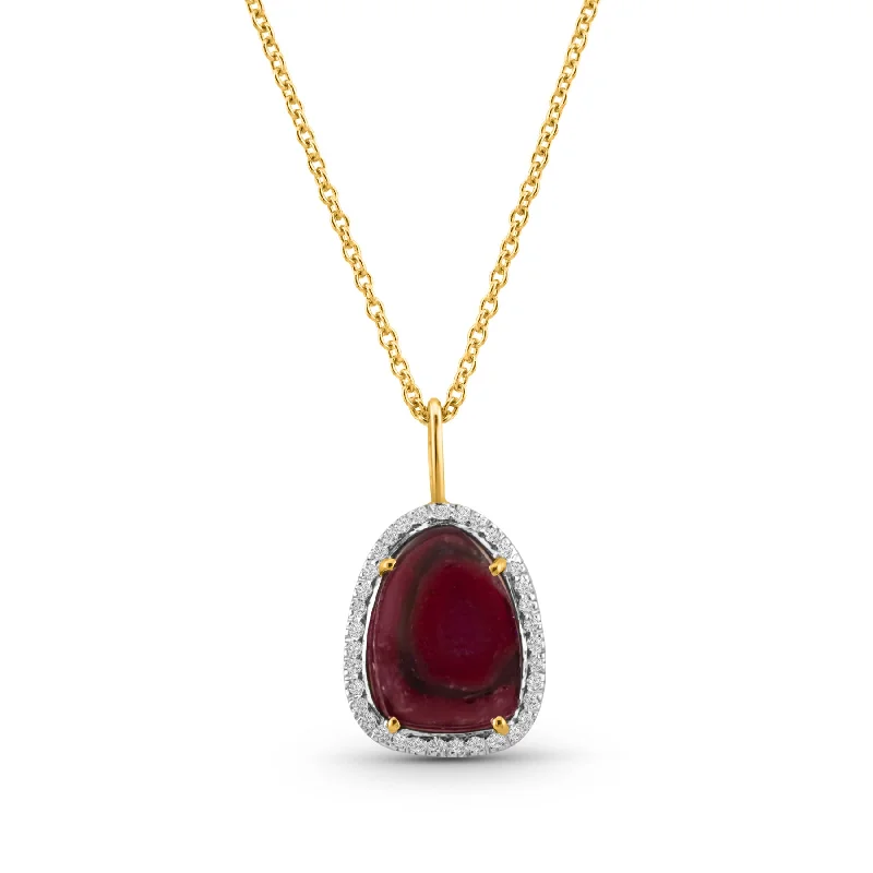 Necklaces and pendants with personalized charms for a custom piece of jewelry-Watermelon Tourmaline And Diamond Pendant In 18K Yellow Gold