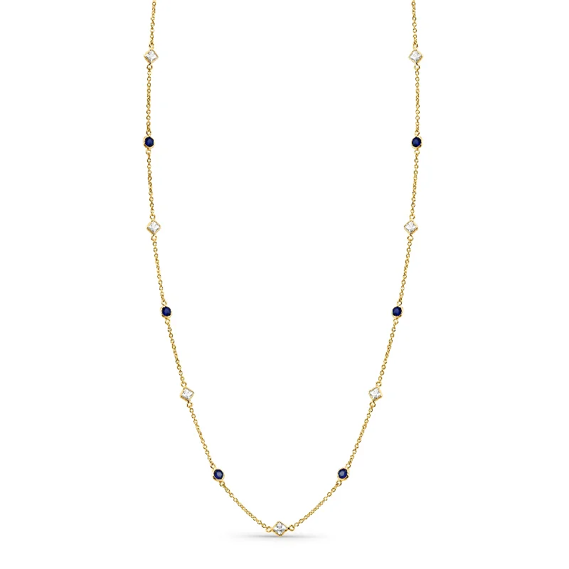 Stunning necklaces and pendants with ruby and diamond combinations for a luxurious effect-White Sapphire Square & Blue Sapphire Round Necklace In 18K Yellow Gold