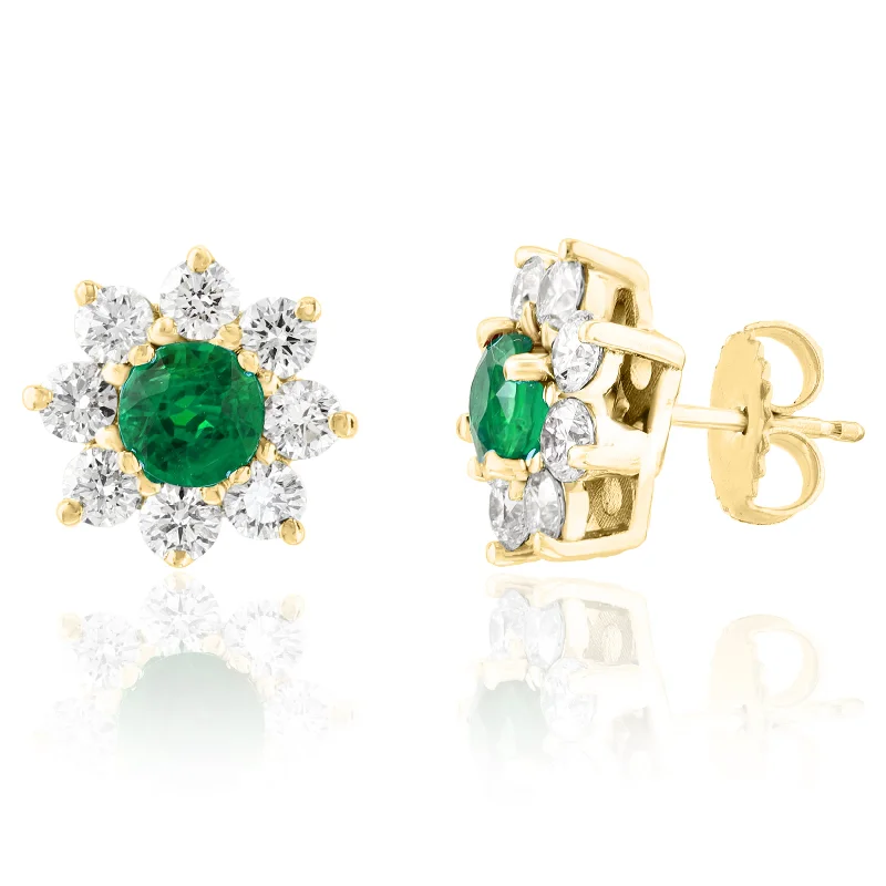 Contemporary Drop Earrings for Fashion -14K YELLOW GOLD EMERALD DIAMOND STUD EARRINGS