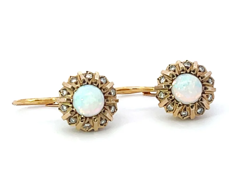 Drop Earrings for Wedding Ceremony -100 Year Old Antique Opal Diamond Earrings 14k Yellow Gold