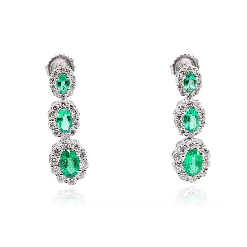 Minimalist Drop Earrings with Simplicity -14K WHITE GOLD OVAL EMERALD DIAMOND TRIPLE DROP EARRINGS