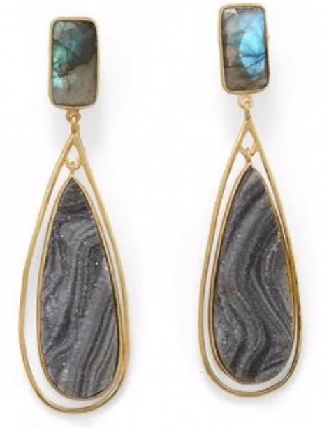 Indian Drop Earrings with Intricacy -14K Vermeil Desert Drusy/Labradorite Earrings