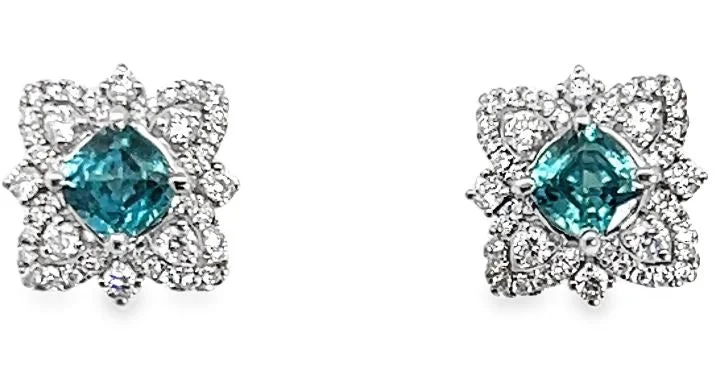 Drop Earrings for Work Attire -14W Cushion Blue Zircon Antique Diamond Earrings