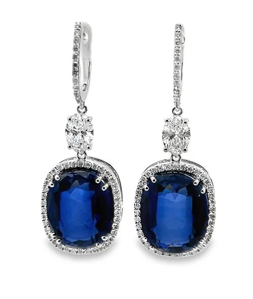 Drop Earrings for Prom Night -14W Cushion Cut Lab Grown Blue Sapphire and Diamond Dangle Earrings